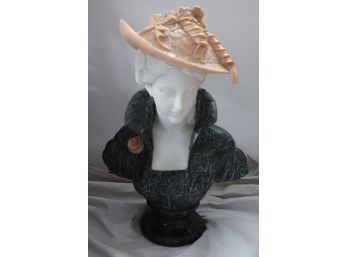 Elegant 19th Century Style Marble Bust Of A Lady In Black With Carved Contrasting Marble Hat. Exquisite