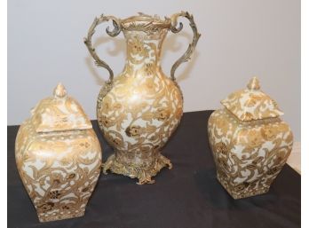 Assortment Of Eclectic Gold Embellished Jars And Urn Vase