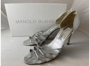 Pair Of Womans Manolo Blahnik Silver Dress Sandals Sized 39 And Half
