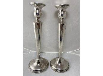 Pair Of Sleek, Modern Design Empire Sterling Silver Candlesticks No 671 Weighted