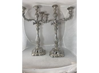 Pair Of Sterling Silver Three Arm, Two Piece Candlesticks Candelabras 19 In Tall