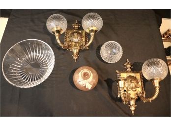 Pair Of Stunning Cut Crystal And Brass Wall Sconces