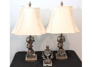 Pair Of Ornate Table Lamps & Ornate Candlestick With Marble Base