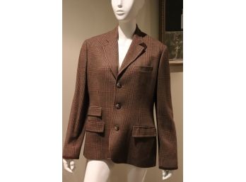 Polo Ralph Lauren Woman's Equestrian Style Wool Plaid Blazer With Leather Trim