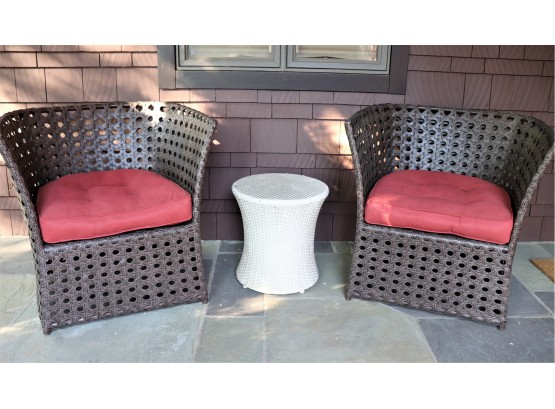 Pair Of Pier One Faux Wicker Double Woven Chairs & Small Side Table