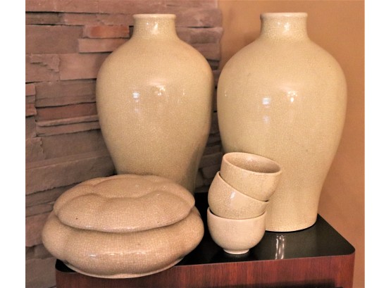 Beautiful Set Of Stylish Vases With A Crackle Finish Includes Cups & Covered Dish