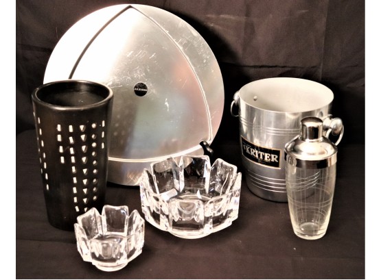 2 Orrefors Crystal Bowls, Alessi Serving Dish Extra Leger Kriter Champagne Bucket & Etched Cocktail Shaker