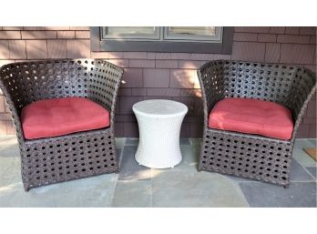 Pair Of Pier One Faux Wicker Double Woven Chairs & Small Side Table
