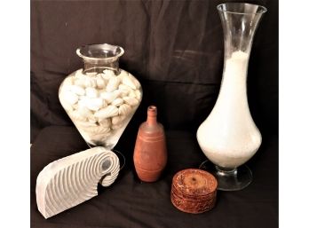 Decorative Items Includes Tall Glass Vase, Jar Filled With Soap Seashells, Carved Wood Box & Elephant