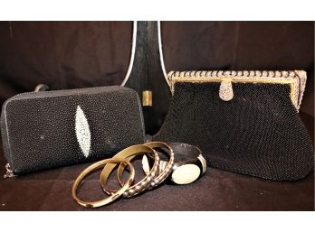 Womens Accessories- Stingray Wallet, Beaded Purses Langlois & Jargeais Made In France , Carved Cuff Brace