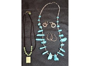 Fun Fashionable Blue Stone Necklace, Earrings & Beaded Bracelet By David Aubrey
