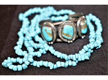 Sterling & Turquoise Stone Bracelet & Blue Stone Beaded Necklace