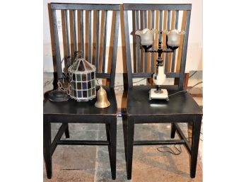 Pair Of Distressed Finished Shaker Style Chairs By Crate & Barrel  With Vintage Lamp & Lantern Fixture
