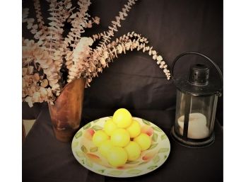 Decorative Candle Lantern & Large Fruit Bowl With Decorative Lemons