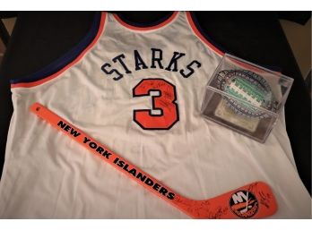 NY Sports Collection - Autographed Mitchell & Ness John Starks Jersey 92-93, Hockey Stick & Giants Footbal