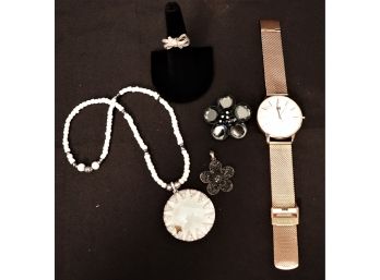 Womens Jewelry - Boulevard Watch, Beaded Necklace With Pendant ,Sterling Ribbon Ring & Sterling Floral Pe