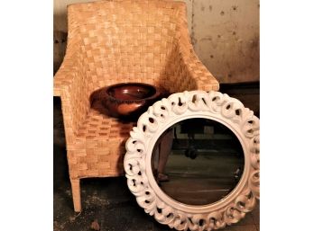 Wrapped Wicker Style Chair With Decorative Mirror & Bowl