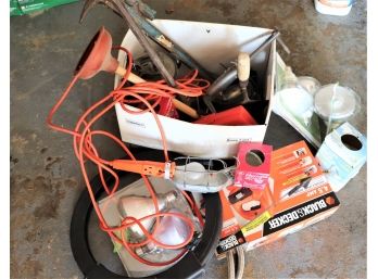 Mixed Box Of Tools & Light Bulbs - Black And Decker 4.5 Amp & Porter Cable Model 1001 Router Base