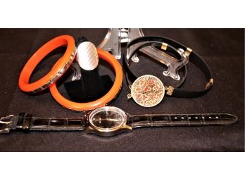 1.Fashion Jewelry Includes A Hammered 925 Sterling Ring, Wempe Stainless Steel Watch & Fun Orange Cuff Bracel