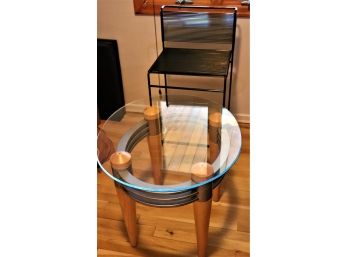 Small Glass Cocktail Table With A Beveled Edge  And Cool Modern Rubber Cord Wrapped Stool