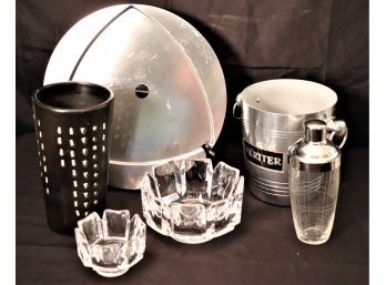 2 Orrefors Crystal Bowls, Alessi Serving Dish Extra Leger Kriter Champagne Bucket & Etched Cocktail Shaker