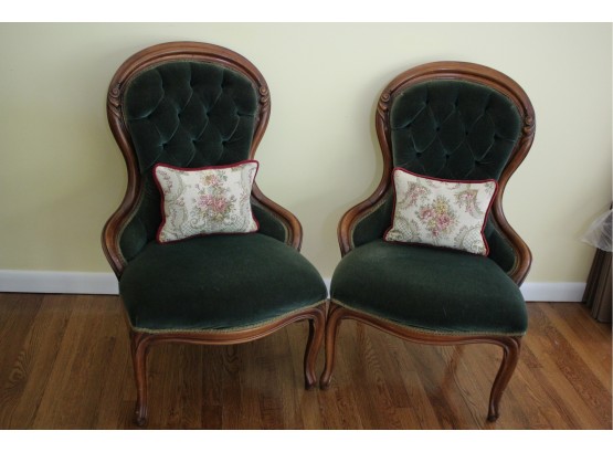 Pair Of Vintage Carved Wood Tufted Accent Chairs