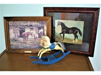 2 Horse Prints - Hunting Morning By Heywood Hardy & Framed Stallion Print & Music Box Wood Rocking Horse