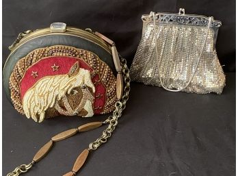 Vintage Whiting & Davis Sequence Purse & Mary Francis Clutch With Beaded Horse Design