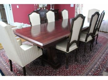 Large Quality Mahogany Dining Table With 2 Arm Chairs & 6 Side Chairs With Custom Fabric