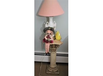 Decorative Pedestal & Beautiful Lamp With A Painted Victorian Scene & Small Doll
