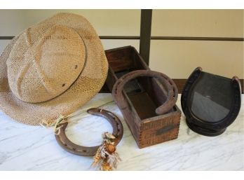 Decorative Collection Includes Horseshoe Frame, Horseshoes & Hat