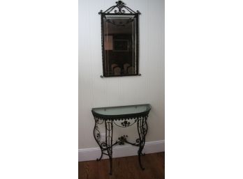 Gorgeous Floral Design Antiqued Style Metal Mirror & Entryway Table With Floral Vine Detail