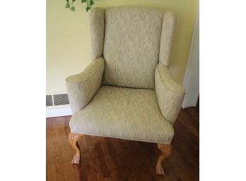 Interesting Wingback Accent Chair With Carved Claw Feet, Nice Modern Fabric & Neutral Colors