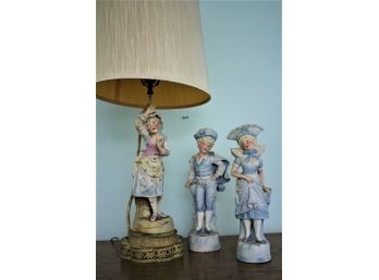 Vintage Porcelain Bisque Lamp On Ornate Metal Base & Tall Vintage Porcelain Bisque Figures