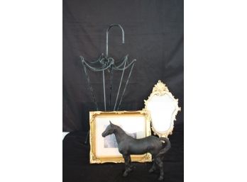 Decorative Umbrella Stand, Cast Metal Horse, Small Antique Mirror & Carl Valente Print