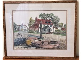 Framed Print Signed By Artist In Lower Left Corner Of A Rowboat And Cottage