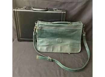 Vintage Leather Briefcase With Suede Liner & Green Cypress Woods Bag With Strap
