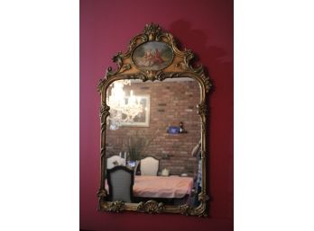 French Style Mirror With A Painted Scene On Top By J. Blair Trudeau Style With Scrolled Shell & Floral Motif