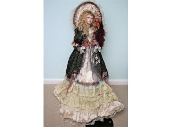Tall Ashley Bell Porcelain Doll In A Beautiful Dress With Stand Holding A Beautiful Ornament