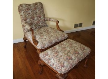 Beautiful Carved Country French Style Accent Chair & Ottoman With Custom Floral Fabric & Carved Claw Feet