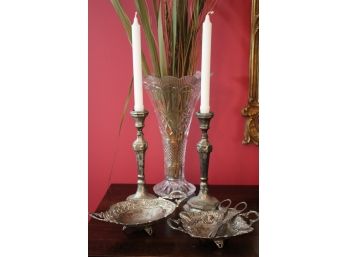 Tall Cut Glass Vase  Decorative Antique Silver Finished Candlesticks & Studio Silversmiths Trays.