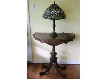 Beautiful Tiffany Style Slag Glass Table Lamp & Demilune Table With Carved Greek Key Pattern Apron