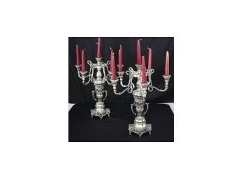 Pair Of  Large Heavy Lacquered Silver-Plated Candelabras Made In India