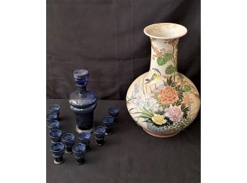 Floral Satsuma Vase With Crackle Finish & Blue Painted Glass Decanter With Glasses From Italy