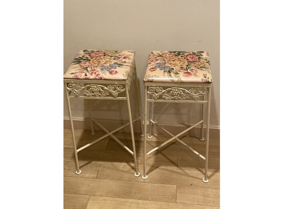 Pair Of Painted Cast Metal Stools With A Floral Vinyl Fabric & Grape Leaf Design