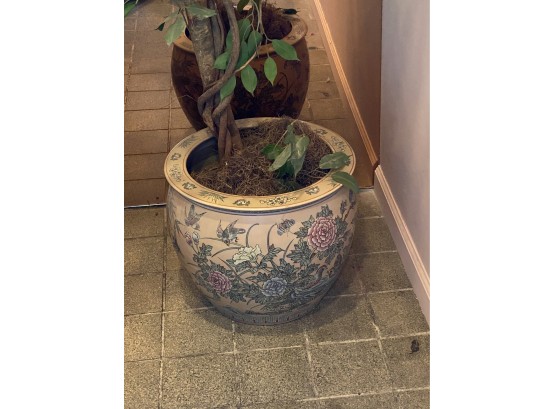 Asian Style Planter With Painted Bird Detail & Faux Ficus Plant