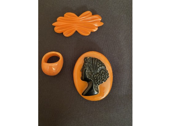 Vintage Bakelite Brooches Includes Cameo Style Pin, Ring & Pin