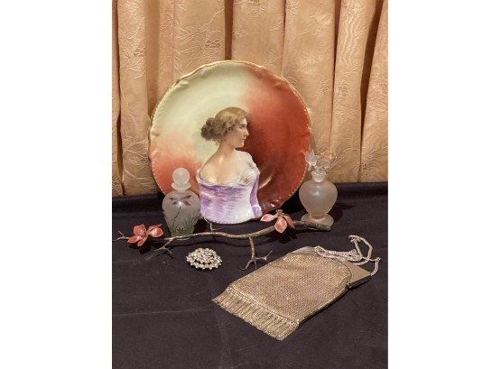 Limoges Plate, Decorative Branch Holder,  Frosted Pink Perfume Bottle , Whiting & David Bag & Rhinestone Pin