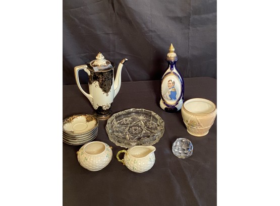 Tiffany & Co Paperweight, Belleek Sugar & Creamer, Noritake Teapot & Saucers, Napoleonic Decanter