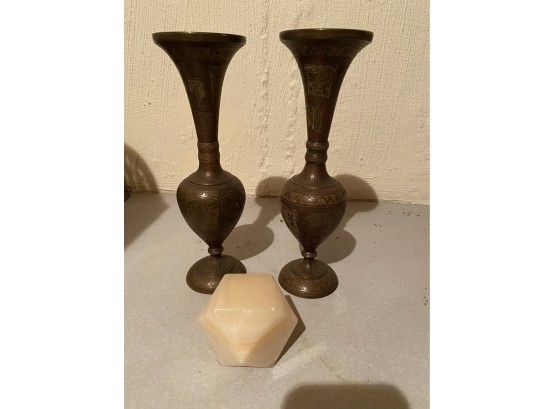 Pair Of Engraved Brass Vases With A Marble Stone Paper Weight